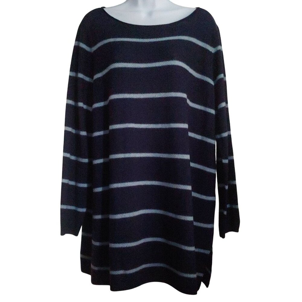 Eileen Fisher Light/Dark Blue Coastal Grandma Mature Nautical Oversize Sweater L